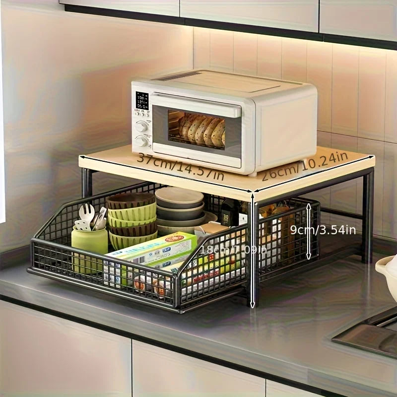 Space-Saving Kitchen Countertop Organizer with Drawer & Wire Basket - for Coffee Maker, Utensils, Spices