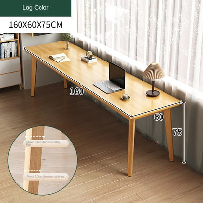 Double desk with solid wood legs, long and simple, for home use, near a window or wall, narrow table/workbench