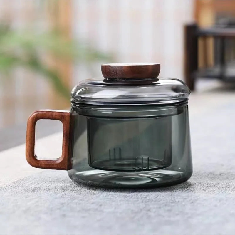 200ml Glass Tea Cup with Filter and Wooden Handle High Borosilicate Glass Teacup Home Office Tea Separation Mug Kung Fu Tea Set