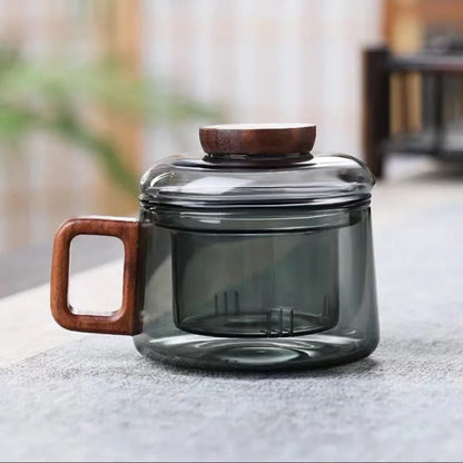 200ml Glass Tea Cup with Filter and Wooden Handle High Borosilicate Glass Teacup Home Office Tea Separation Mug Kung Fu Tea Set