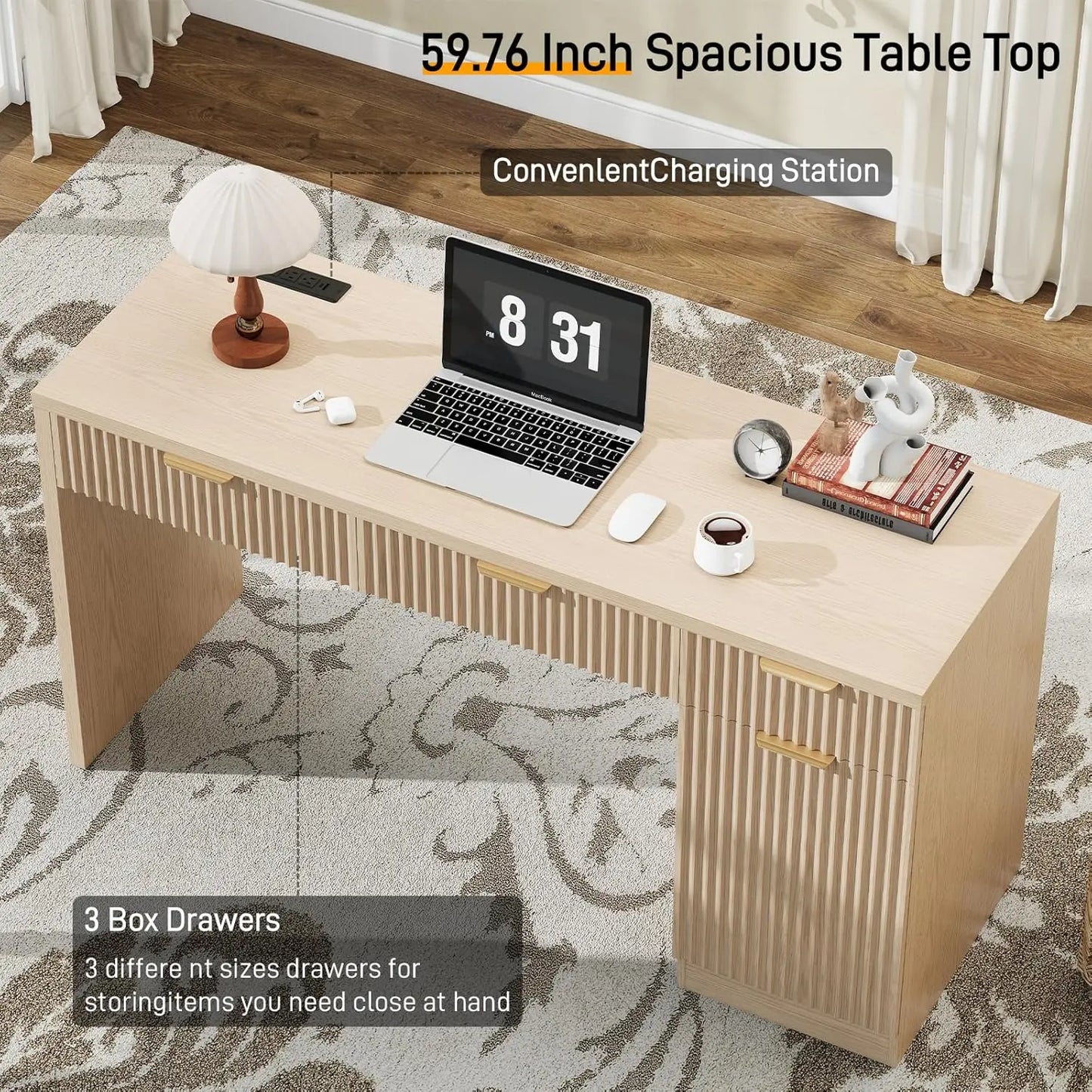 60" Executive Desk with Fluted Drawers,Wood Home Office Desk with Storage Cabinet, Charging Station,Fluted Computer Writing Desk