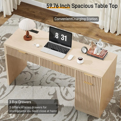 60" Executive Desk with Fluted Drawers,Wood Home Office Desk with Storage Cabinet, Charging Station,Fluted Computer Writing Desk
