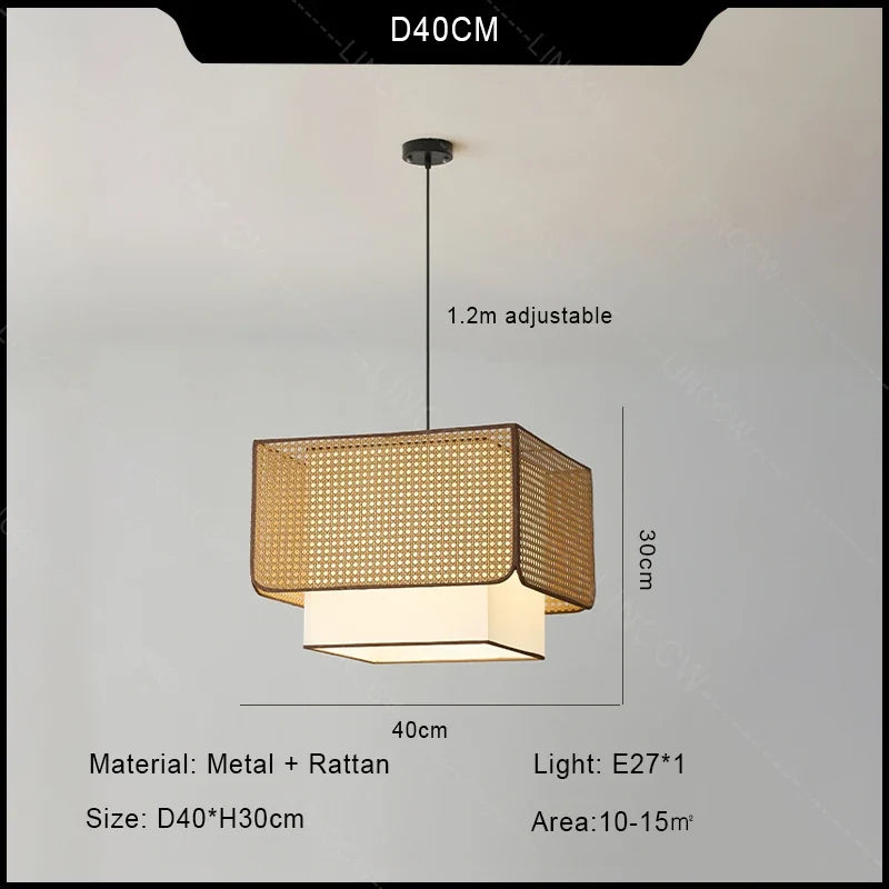 Rustic Retro Rattan Restaurant pandent light Wabi Sabi E27 Led square Chandelier Coffee Table Dining Table Decor Fixtures