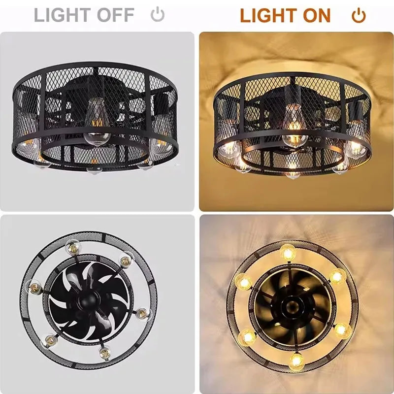 Reversible 6 Speed  Ceiling Fan Lights with Remote Control Black Cage Flush Mount Fandelier Rustic Farmhouse Lighting