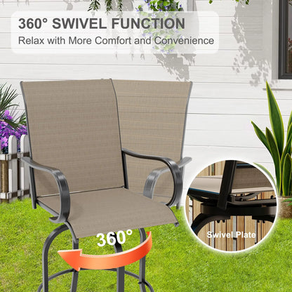 Set Of 2 All-Weather Swivel Bar Stools, 360° Rotating Outdoor Counter Height Chairs With High Back & Armrests For Deck Patio