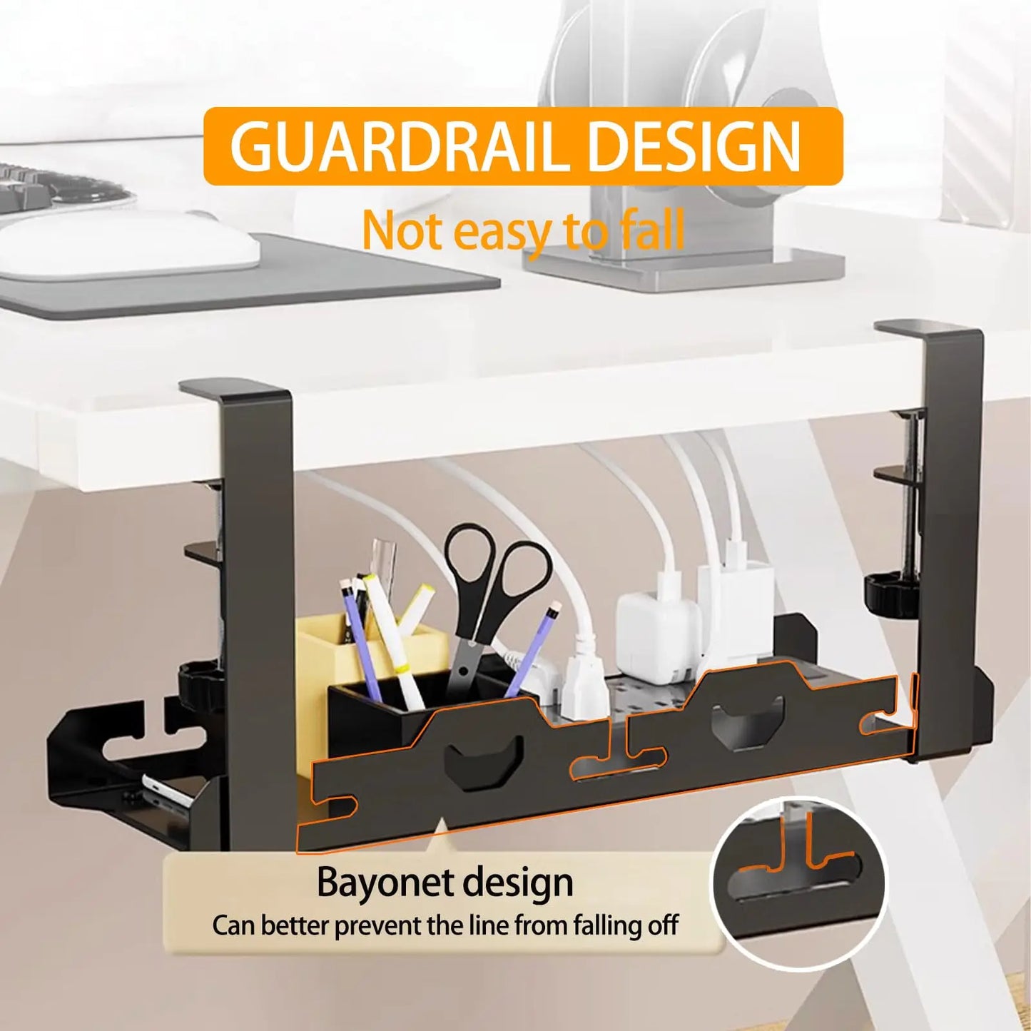 No Drilling Extendable Under Desk Cable Management Metal Cable Tray Under Desk With Clamp Retractable Power Strip Cord Holder