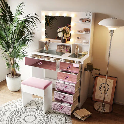 Vanity Desk with Glass Top and 11 Bulbs, 3 Color Lighting Modes, Makeup Vanity with Pink Finish