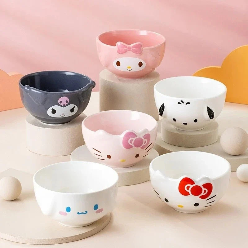For Sanrio 5Inches Ceramic Rice Bowls Home Cute for Melody& Cinnamoroll& Kuromi Tableware Cartoon Anime Relief Bowl for Children