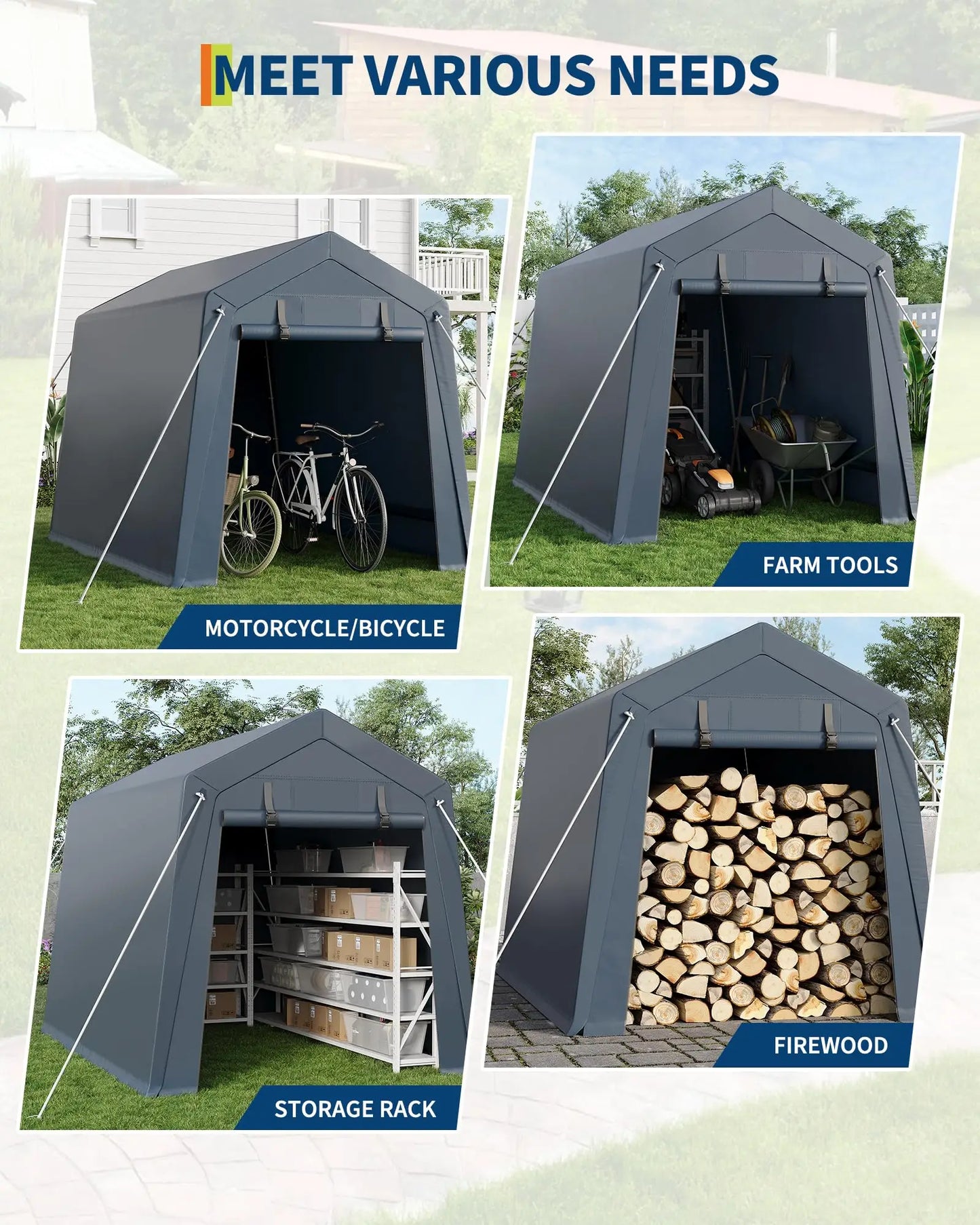 6x8 FT Heavy Duty Outdoor Storage Shed Portable Steel Frame Shelter With Waterproof PE Tarp Cover Dual Zipper Doors & Mesh Vents