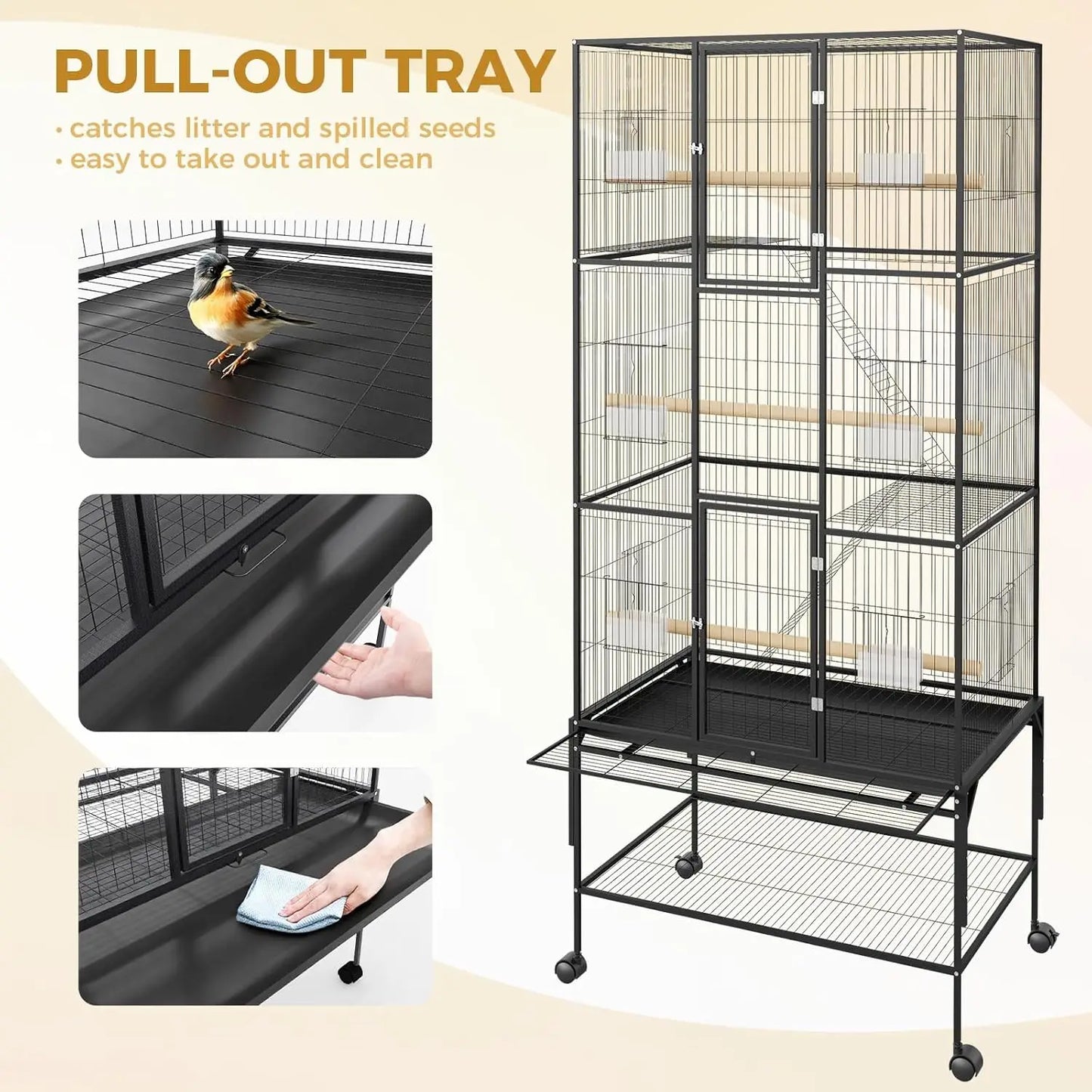 69-Inch Extra Large Rolling Bird Cage for Parrots and Cockatiels Flight Cage with Storage Shelf,Feed Bowls & Wood Perches