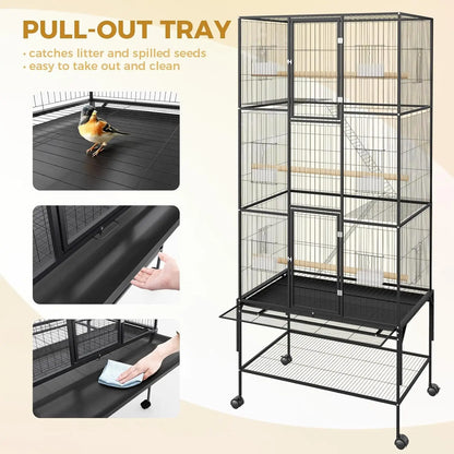 69-Inch Extra Large Rolling Bird Cage for Parrots and Cockatiels Flight Cage with Storage Shelf,Feed Bowls & Wood Perches
