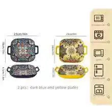1 piece of 9-inch Bohemian style salad plate with double ear ceramic pasta dish, can be used for oven, microwave