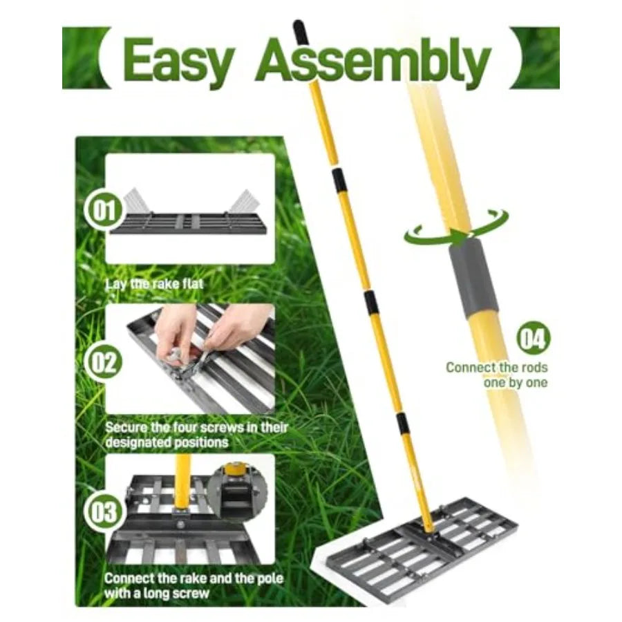 Lawn Leveling Rake 30 Inch Yard Lawn Leveling for Soil with 78" Adjustable Steel Handle Heavy Duty Effort Saving Landscape Lawn