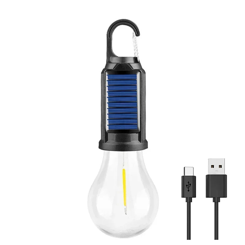 LED Solar Camping Lights USB Rechargeable Bulbs Lamp Dimmable with Hooks Vintage Light for Hiking Tent Lantern Outdoor Lighting