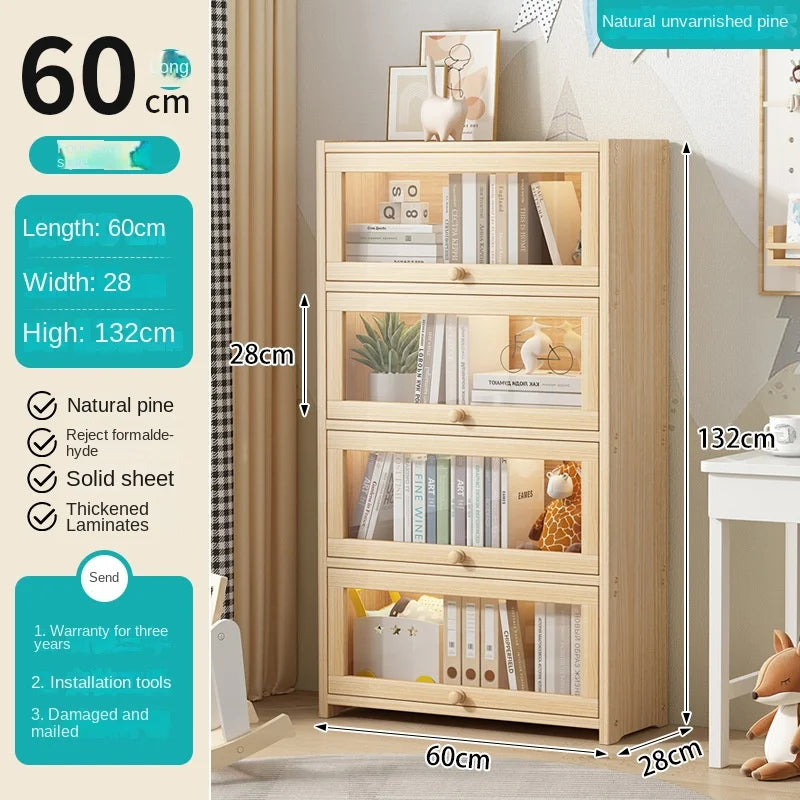 Solid wood bookcase with door transparent dustproof cabinet multi-layer floor-standing bookshelf home simple storage rack