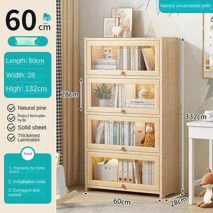 Solid wood bookcase with door transparent dustproof cabinet multi-layer floor-standing bookshelf home simple storage rack
