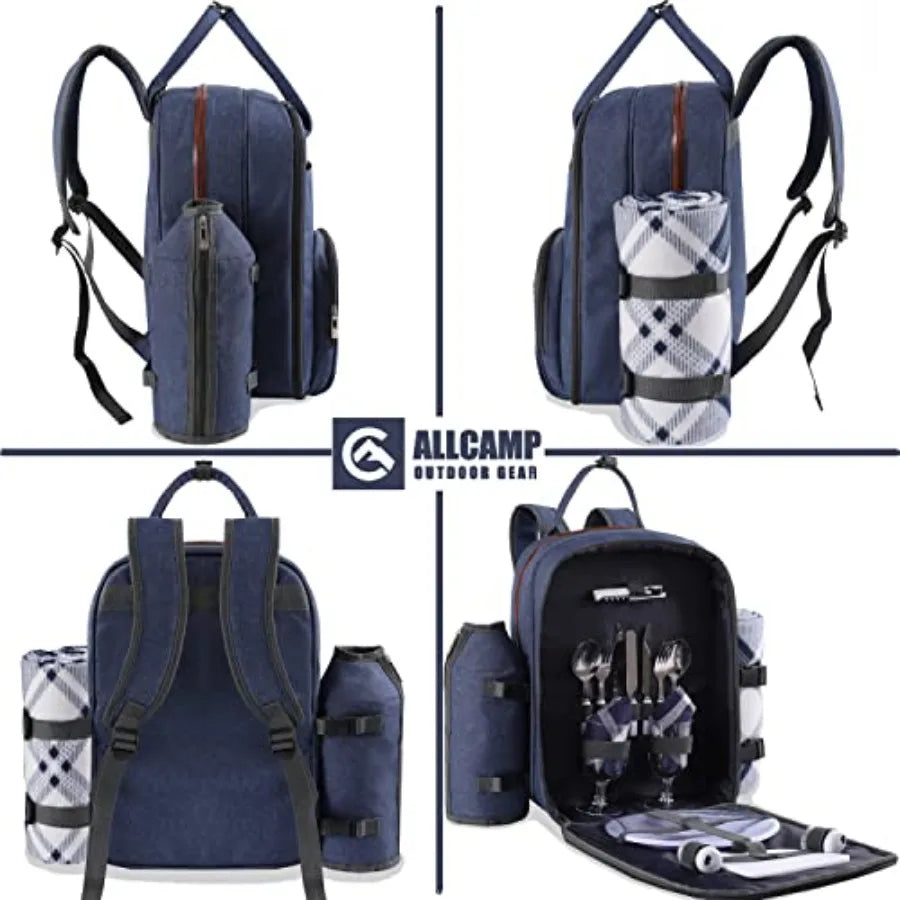 Picnic Backpack for Set W/Detachable Bottle/Wine Holder Fleece Blanket Plates and Cutlery Set
