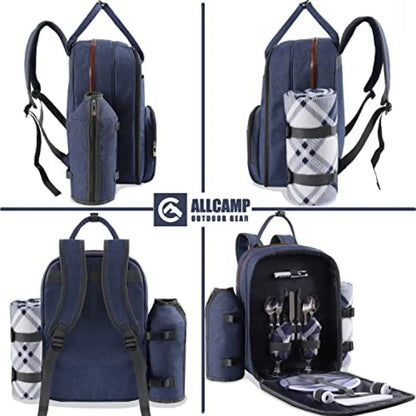 Picnic Backpack for Set W/Detachable Bottle/Wine Holder Fleece Blanket Plates and Cutlery Set