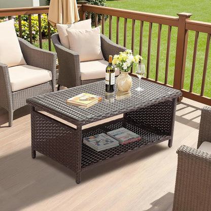 Outdoor Wicker CoffeeTable Patio Coffee Tables for Outside, Tempered Glass Top Wicker Table with Storage Coffee Table for Patio