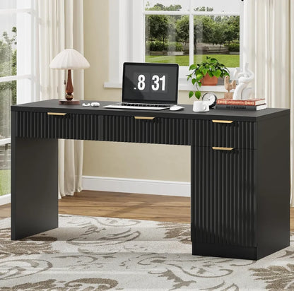 60" Executive Desk with Fluted Drawers,Wood Home Office Desk with Storage Cabinet, Charging Station,Fluted Computer Writing Desk