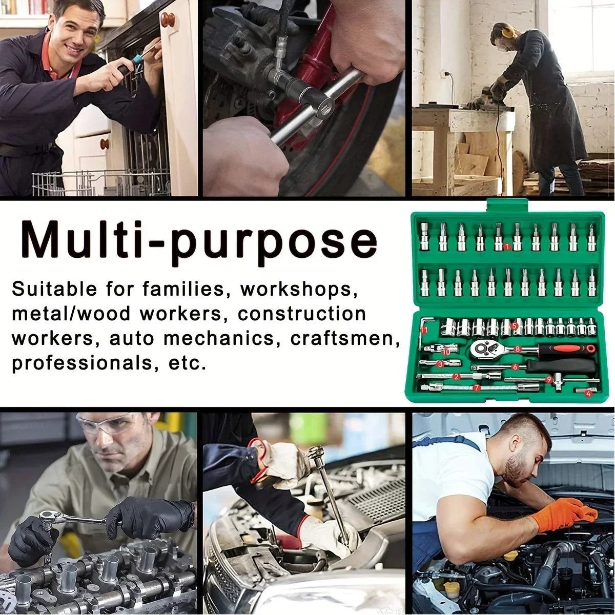 46pc Drive Socket Set 1/4 inch Ratchet Wrench Set Mechanic Tool Kits for Auto Repair Hous with Sockets Metric Hex Bit Socket Set