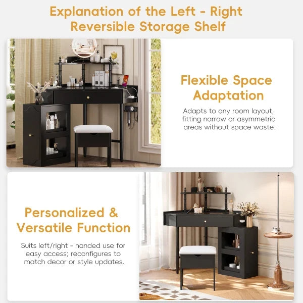 Vanity Desk Set with Storage Cushioned Stool and Charging Station, Triangle Makeup Desk with