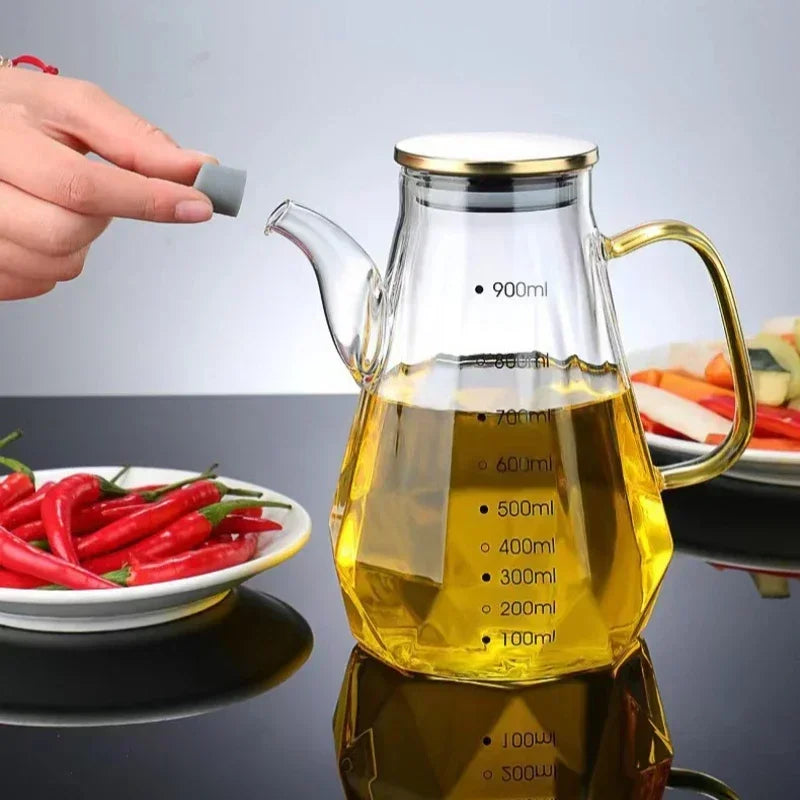 JUSTINLAU High Borosilicate Glass Oil Pots Diamond Oil Bottle with Scale Kitchen Soy Sauce Vinegar Condiment Storage Container