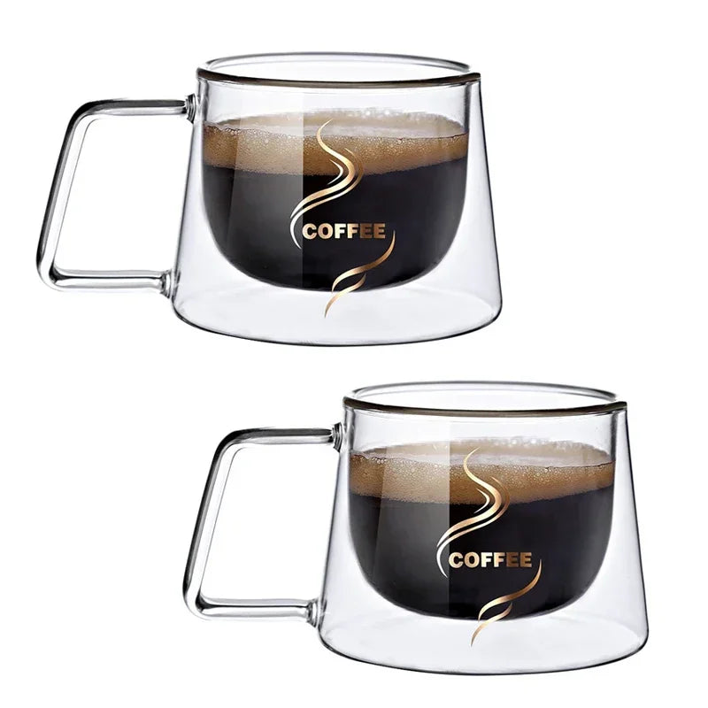 JUSTINLAU 200ML Espresso Cup Heat-resistant Double Wall Glass Coffee Mug with Handle Cappuccino Latte Breakfast Tea Water Cups