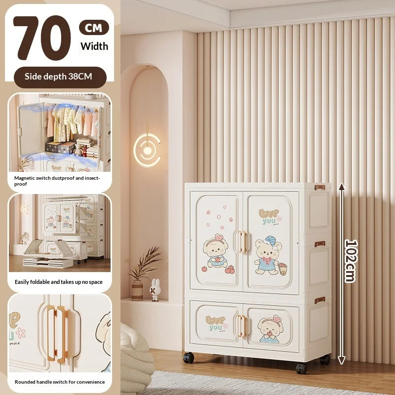 Cartoon Kids Wardrobe Foldable Plastic Clothes Storage Cabinet Nursery Organizer Space Saving Baby Closet Wardrobe White