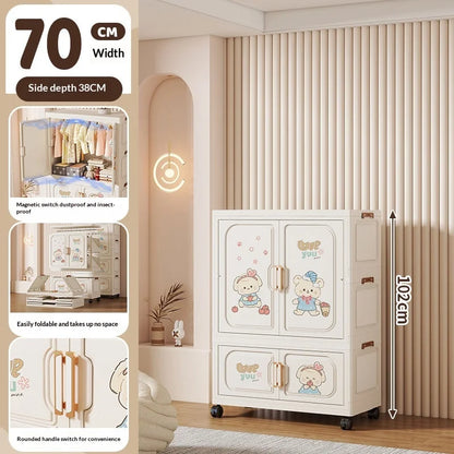 Cartoon Kids Wardrobe Foldable Plastic Clothes Storage Cabinet Nursery Organizer Space Saving Baby Closet Wardrobe White