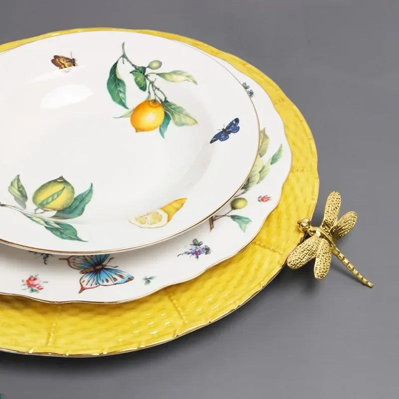 Europeanc Style Ceramic Dining Plate Elegant Lemon Pattern Dinner Steak Plate Coffee Cup Set Western Cuisine Dessert Plate