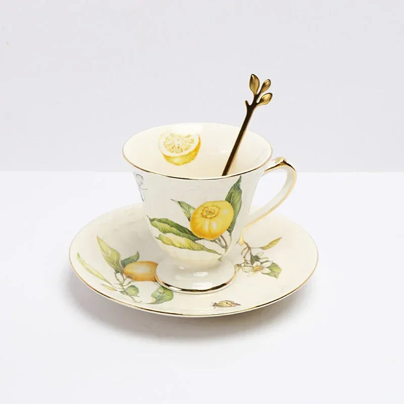 Europeanc Style Ceramic Dining Plate Elegant Lemon Pattern Dinner Steak Plate Coffee Cup Set Western Cuisine Dessert Plate