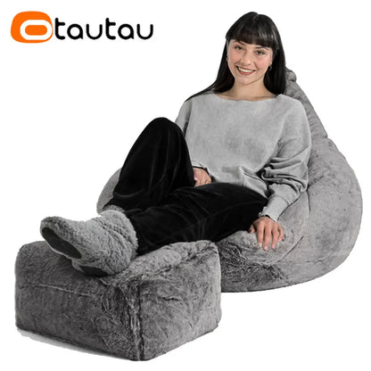 OTAUTAU Adults  Children Fluffy Faux Fur Bean Bag Pouf Cover without Filler Beanbag Puff Salon Ottoman Corner Seat Sac DD003