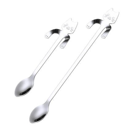 2/4PCS Set 304 Stainless Steel Cat Spoon Creative Cartoon Hanging Edge Spoon Cute Coffee Spoon Gold-plated Stirring Spoon