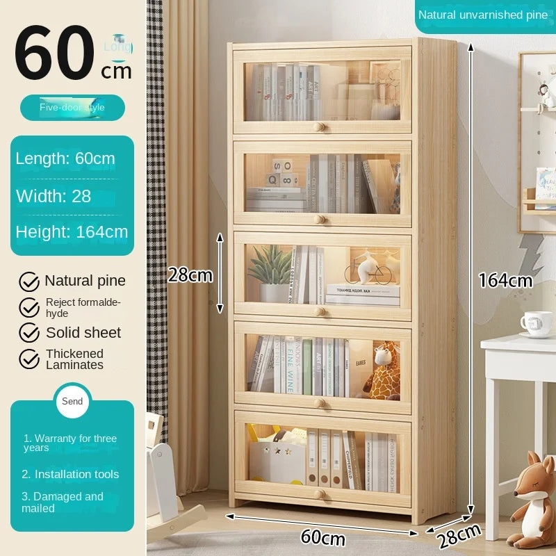 Solid wood bookcase with door transparent dustproof cabinet multi-layer floor-standing bookshelf home simple storage rack