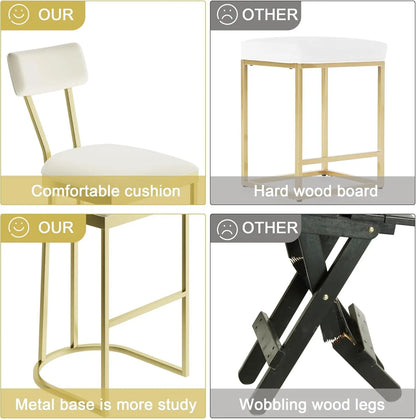 2Pcs Counter Height Bar Stools Set with Back Metal Frame & Upholstered Seat Tall Barstools for Kitchen Island, Home Dining Room