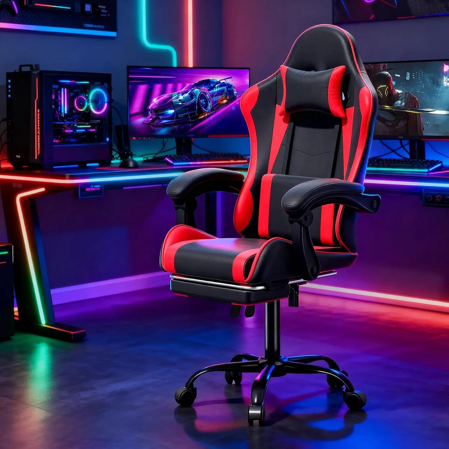 Gaming Chair for Adults, Ergonomic Computer Chair with Linkage Armrests,Height Adjustable Gamer Chair with Footrest and Headrest