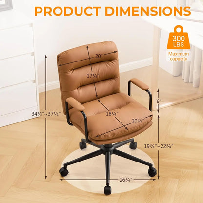 Leather Home Desk Chair, Comfortable Executive Office Chair with Wheels, Ergonomic Computer Task Chair Adjustable Height, Brown