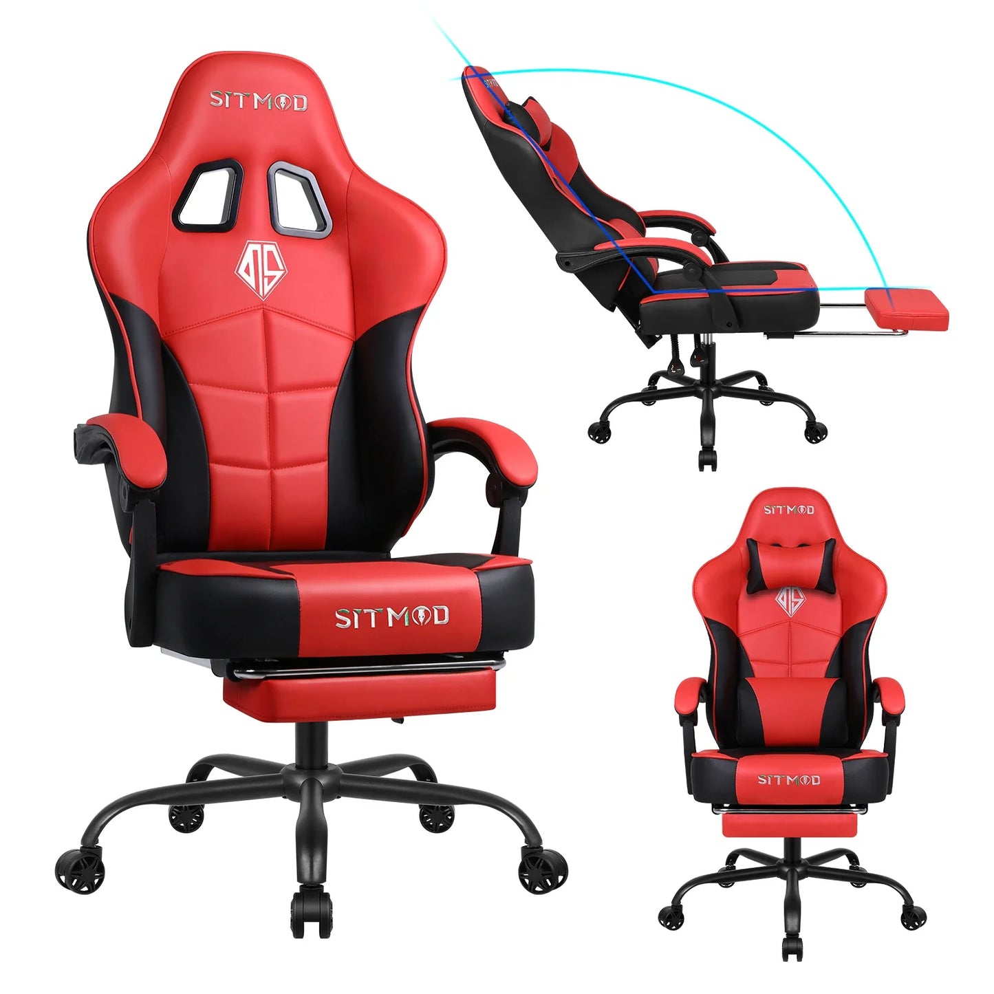 gaming chair with footrest, 400LBS capacity. Adjustable lumbar support, height-reclining. Heavy-duty PU leather, ergonomic