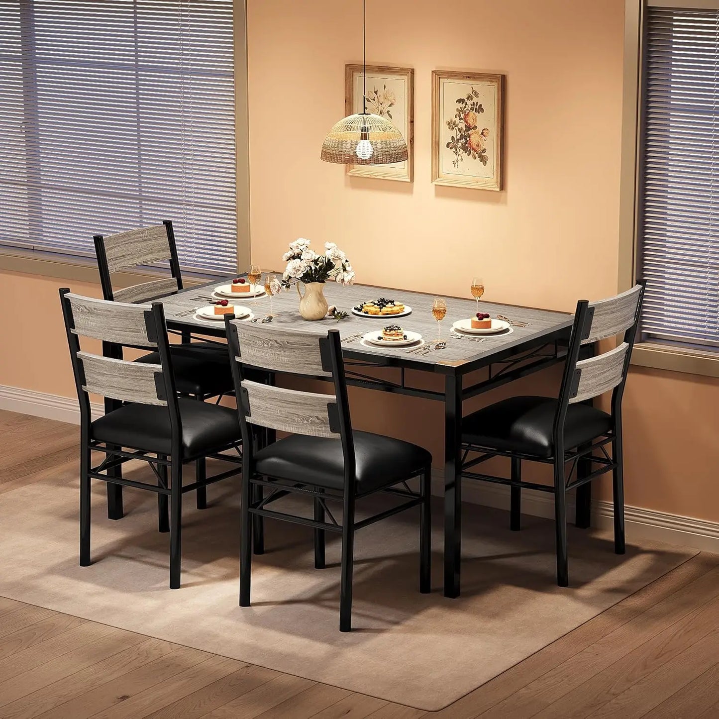 Dining Table Set for 4, Wood Kitchen Table Chairs Set of 4 with Corner Protector, Kitchen Table with 4 Upholstered Chairs