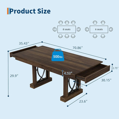 Wooden Rectangular Kitchen Table with Double Pedestal & Large Tabletop Dining Room Table for 6-8 with 2 Drawers Walnut