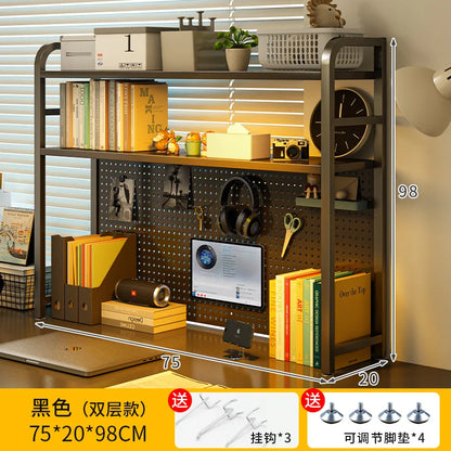 Iron Desktop Pegboard Bookshelf Multi Tier Desk Organizer Storage Shelf Student Computer Workstation Tidy Rack Cabinet Furniture