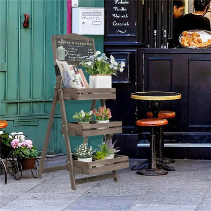 Folding Wood A-Frame Pavement Chalkboard With 3 Tier Ladder Plant Stand Shelf