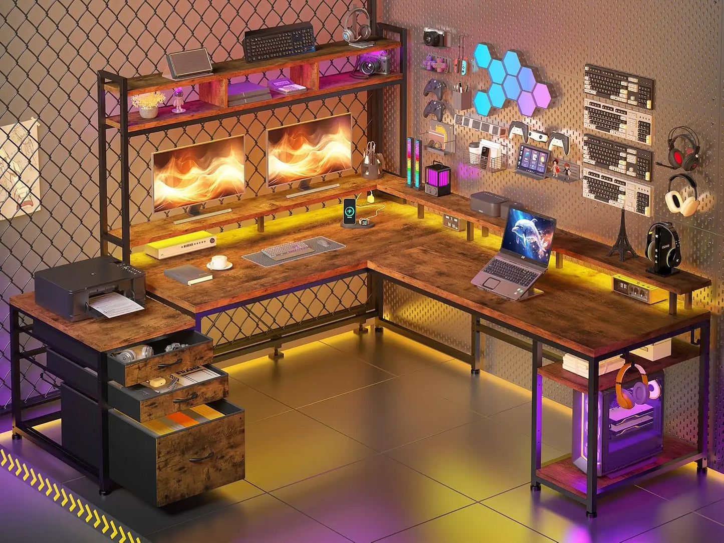 64 x 60 Inches L Shaped Desk with Hutch and Drawers, Gaming Desk with Power Outlet & Monitor Stand & LED Lights,  Corner Desk