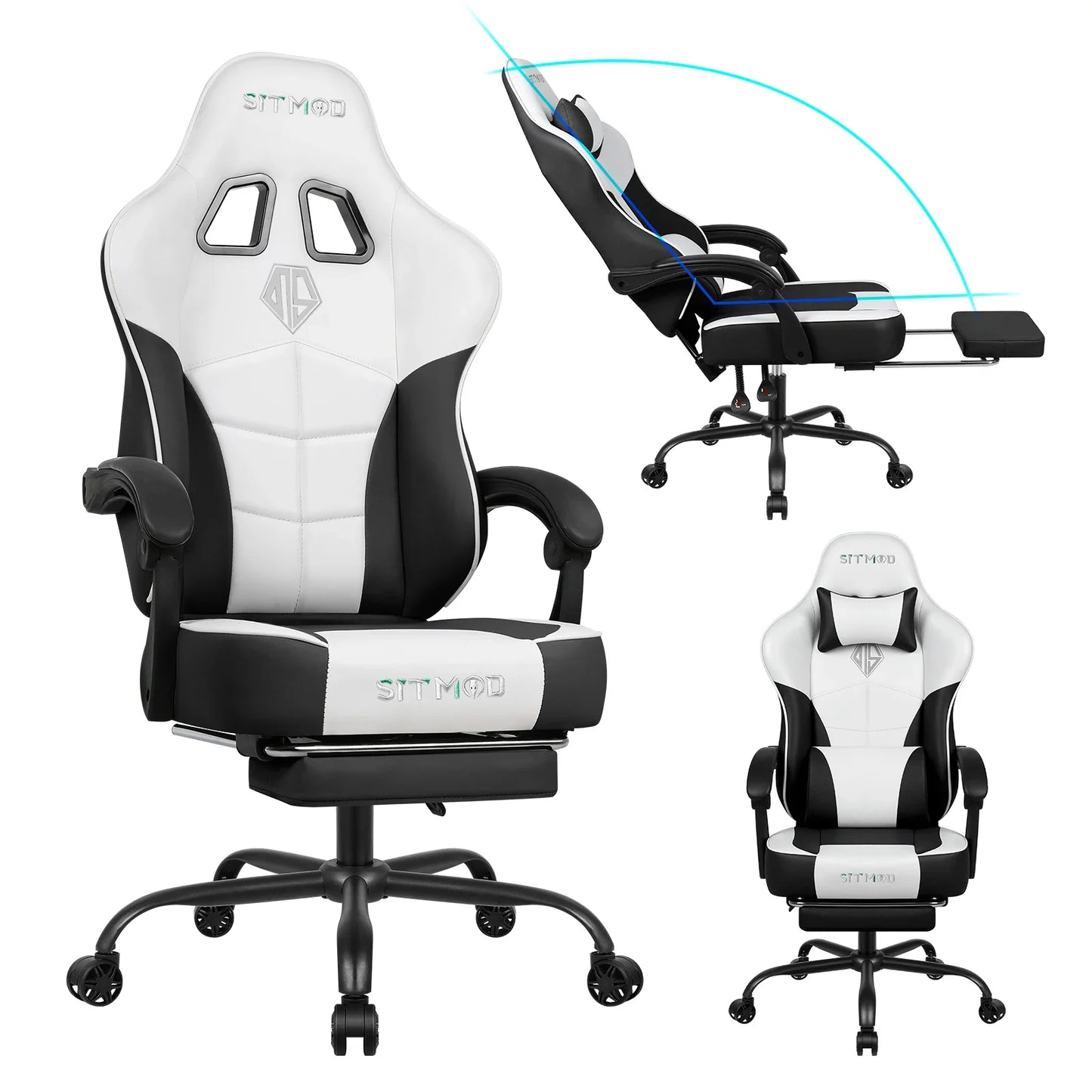 gaming chair with footrest, 400LBS capacity. Adjustable lumbar support, height-reclining. Heavy-duty PU leather, ergonomic