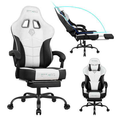 gaming chair with footrest, 400LBS capacity. Adjustable lumbar support, height-reclining. Heavy-duty PU leather, ergonomic