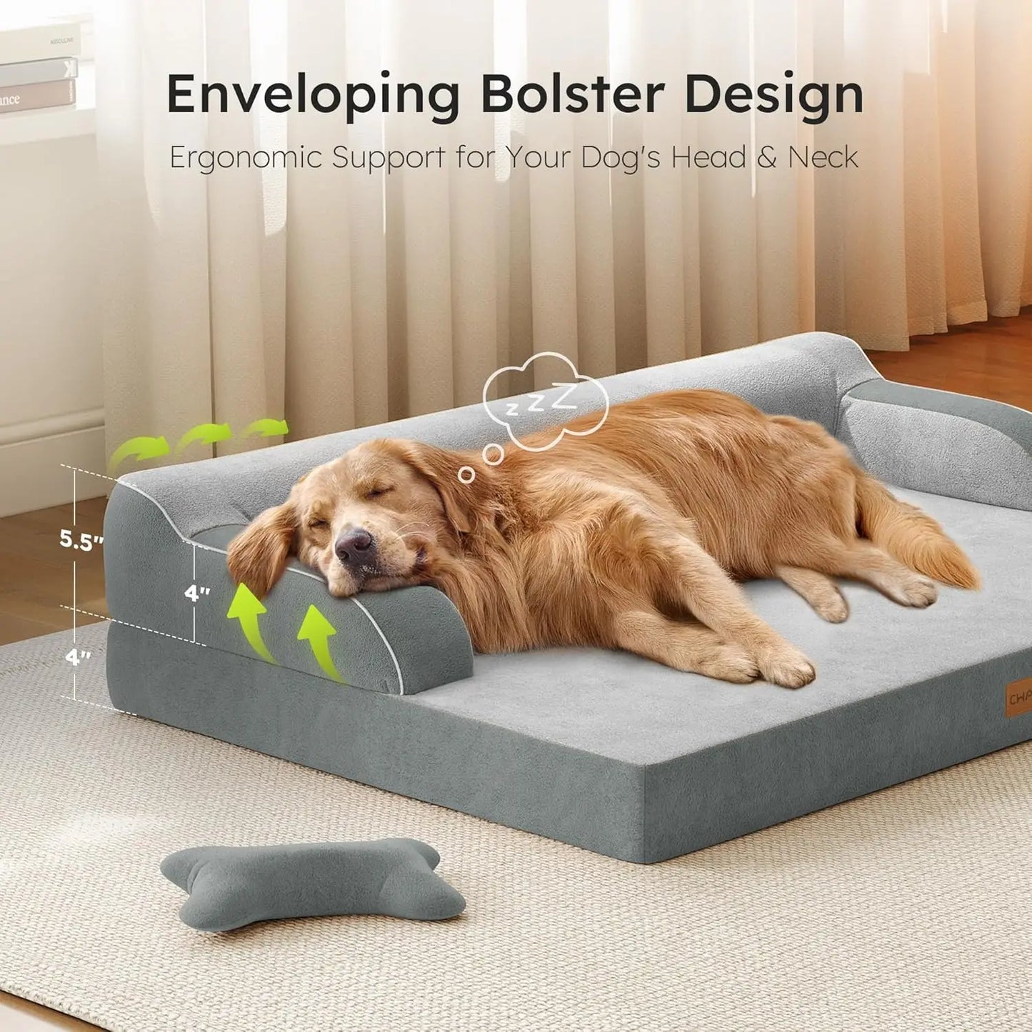 Extra Large Orthopedic Dog Bed with Cooling Memory Foam, Washable Waterproof Cover and Nonslip Bottom, Light Grey