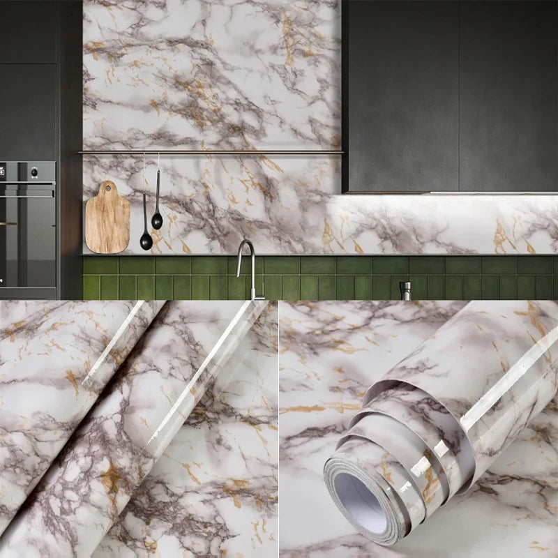 40cm Marble Self-adhesive Wallpaper Kitchen Cabinet Stove Countertop Contact paper PVC Waterproof Renovation Tile Wall Stickers