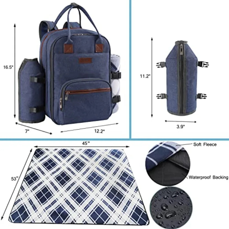 Picnic Backpack for Set W/Detachable Bottle/Wine Holder Fleece Blanket Plates and Cutlery Set
