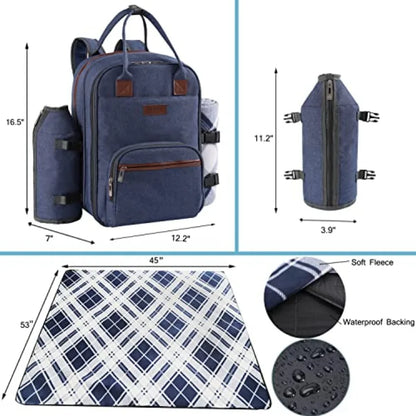 Picnic Backpack for Set W/Detachable Bottle/Wine Holder Fleece Blanket Plates and Cutlery Set